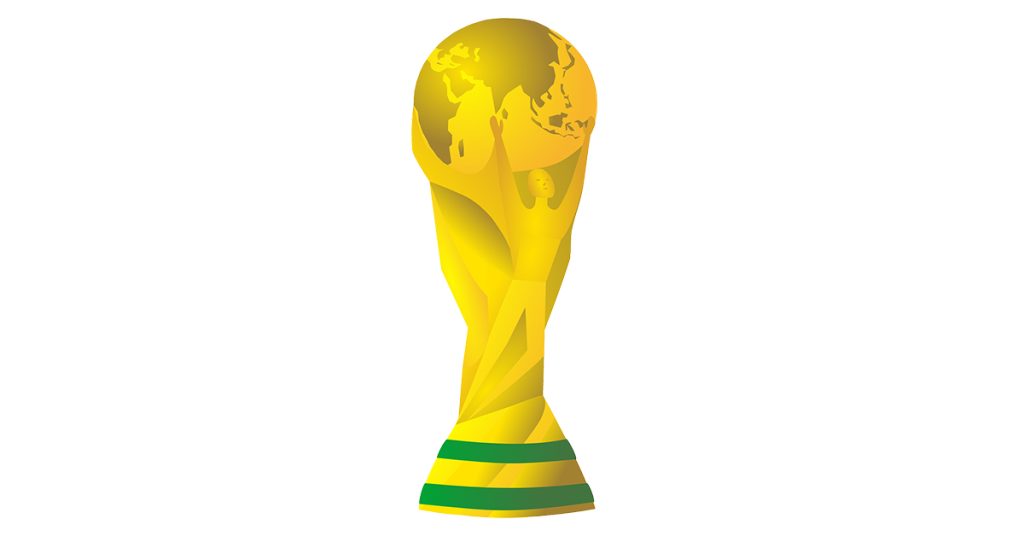Gold FIFA World Cup trophy with a figure holding up a globe, sitting on a green and yellow striped base.