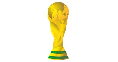 Gold FIFA World Cup trophy with a figure holding up a globe, sitting on a green and yellow striped base.