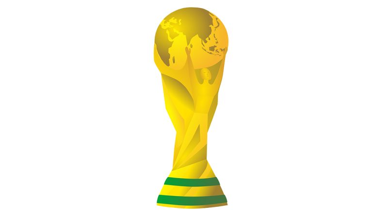 Gold FIFA World Cup trophy with a figure holding up a globe, sitting on a green and yellow striped base.