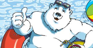 Polar bear Boomer wearing sunglasses, floating in a pool with a beach ball, giving a thumbs up and holding a drink.