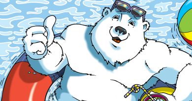 Polar bear Boomer wearing sunglasses, floating in a pool with a beach ball, giving a thumbs up and holding a drink.