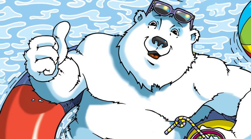 Polar bear Boomer wearing sunglasses, floating in a pool with a beach ball, giving a thumbs up and holding a drink.