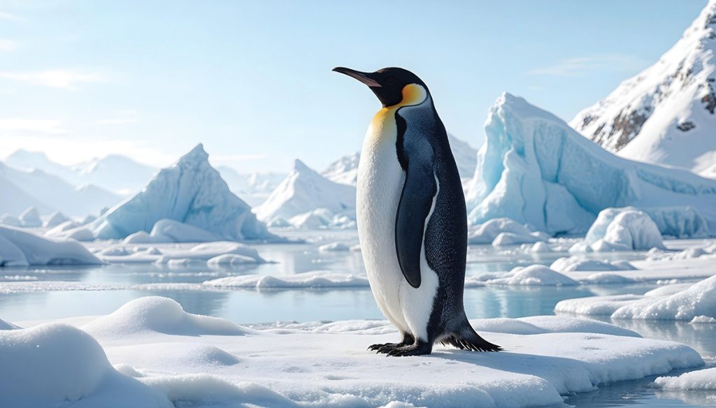 Emperor penguin with black and white feathers and a yellow patch on its neck standing alone on snow and ice in Antarctica.