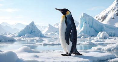 Emperor penguin with black and white feathers and a yellow patch on its neck standing alone on snow and ice in Antarctica.