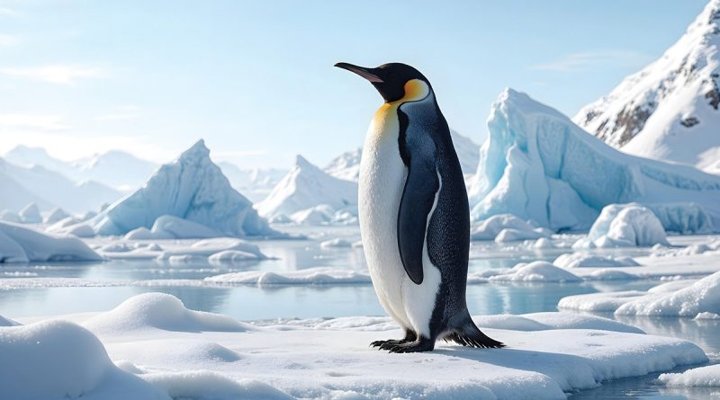Emperor penguin with black and white feathers and a yellow patch on its neck standing alone on snow and ice in Antarctica.