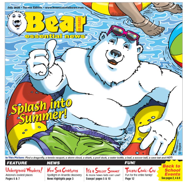 Splash into Summer! Polar bear Boomer wearing sunglasses, floating in a pool with a beach ball, giving a thumbs up and holding a drink.