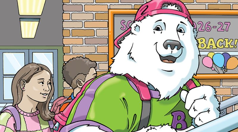 A cartoon of Boomer the polar bear wearing a pink baseball cap, green shirt, and purple backpack, walking down a school stairway next to a smiling girl in a checkered shirt. Behind them is a brick wall with a bulletin board that says 'Welcome Back!' and shows the school year 2026-27 with colorful balloons."