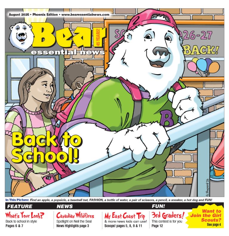 August 2026 Phoenix edition front cover: A cartoon of Boomer the polar bear wearing a pink baseball cap, green shirt, and purple backpack, walking down a school stairway next to a smiling girl in a checkered shirt. Behind them is a brick wall with a bulletin board that says 'Welcome Back!' and shows the school year 2026-27 with colorful balloons.
