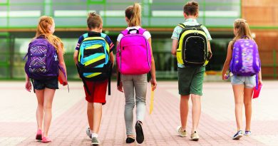 Five kids walking toward a school building from behind, each wearing a colorful backpack.