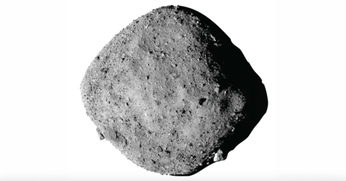 Black and white photo of a large, rough and rocky asteroid floating in space against a white background.