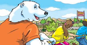 Cartoon Boomer Bear in an orange shirt plays tug-of-war with two kids near a park entrance sign on a sunny day.