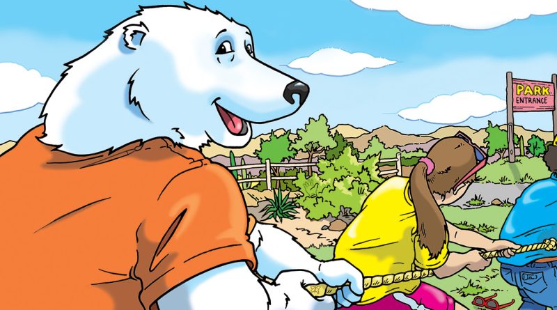 Cartoon Boomer Bear in an orange shirt plays tug-of-war with two kids near a park entrance sign on a sunny day.