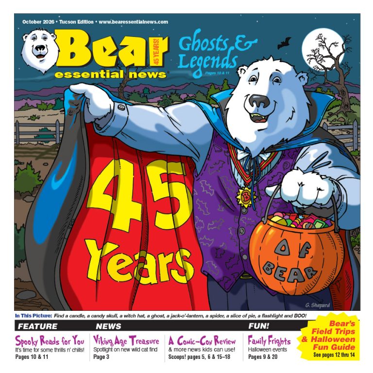 Bear Essential News October 2026 Edition. Boomer, a polar bear dressed as Dracula holds open a red cape that says “45 Years” and a pumpkin candy bucket on a spooky night.