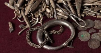 A pile of old silver treasure on red cloth: a thick ring, a braided chain, twisted wire, small bars, and worn coins with faded writing.