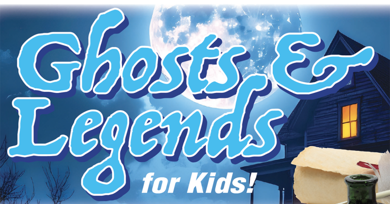 Big blue letters say “Ghosts & Legends for Kids!” over a full moon, a dark old house with one glowing window, and a rolled-up paper with an ink bottle.